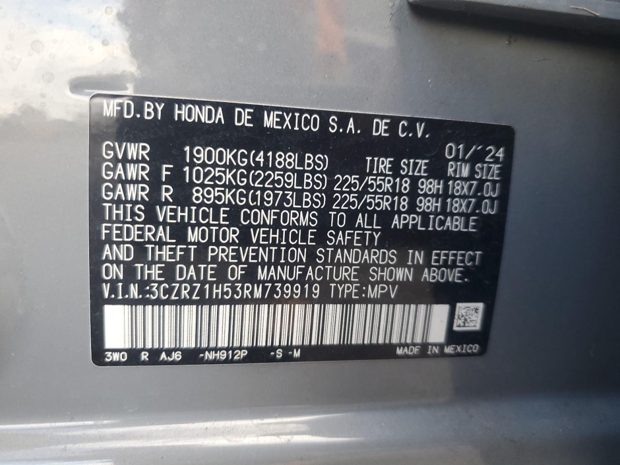 2024 Honda Hr-V Sport VIN: 3CZRZ1H53RM739919 Lot: 92899635