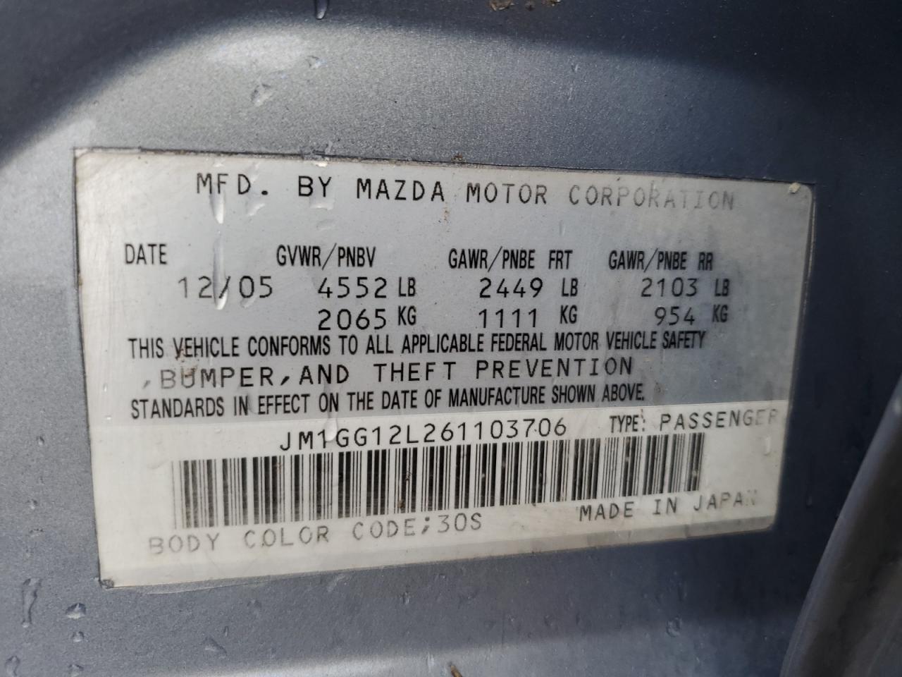 2006 Mazda Speed 6 VIN: JM1GG12L261103706 Lot: 93597885