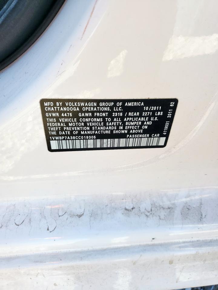 2012 Volkswagen Passat Se VIN: 1VWBP7A38CC019305 Lot: 92003645