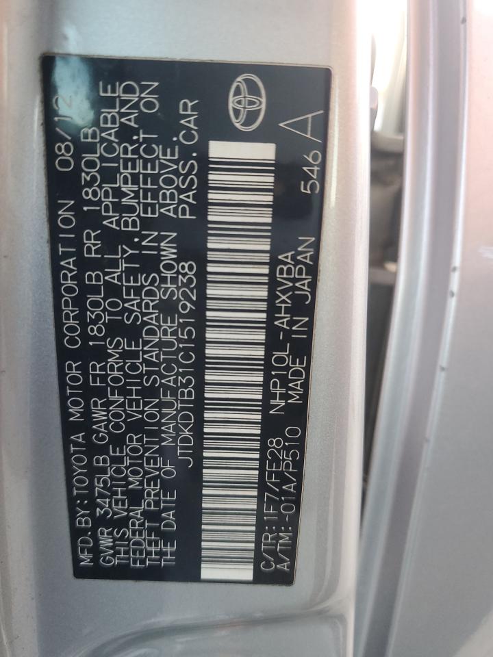 2012 Toyota Prius C VIN: JTDKDTB31C1519238 Lot: 92267505