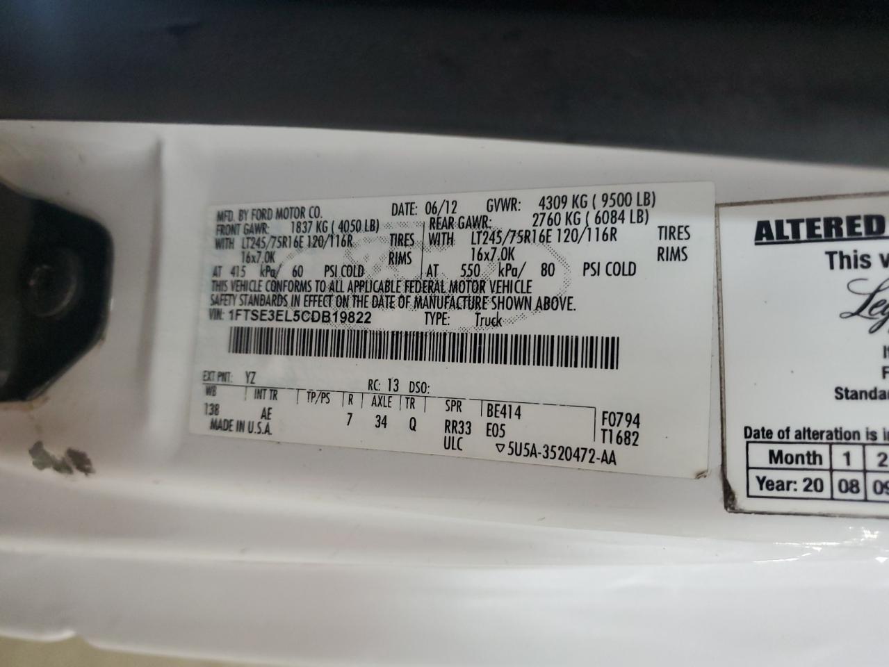 2012 Ford Econoline E350 Super Duty Van VIN: 1FTSE3EL5CDB19822 Lot: 91866075