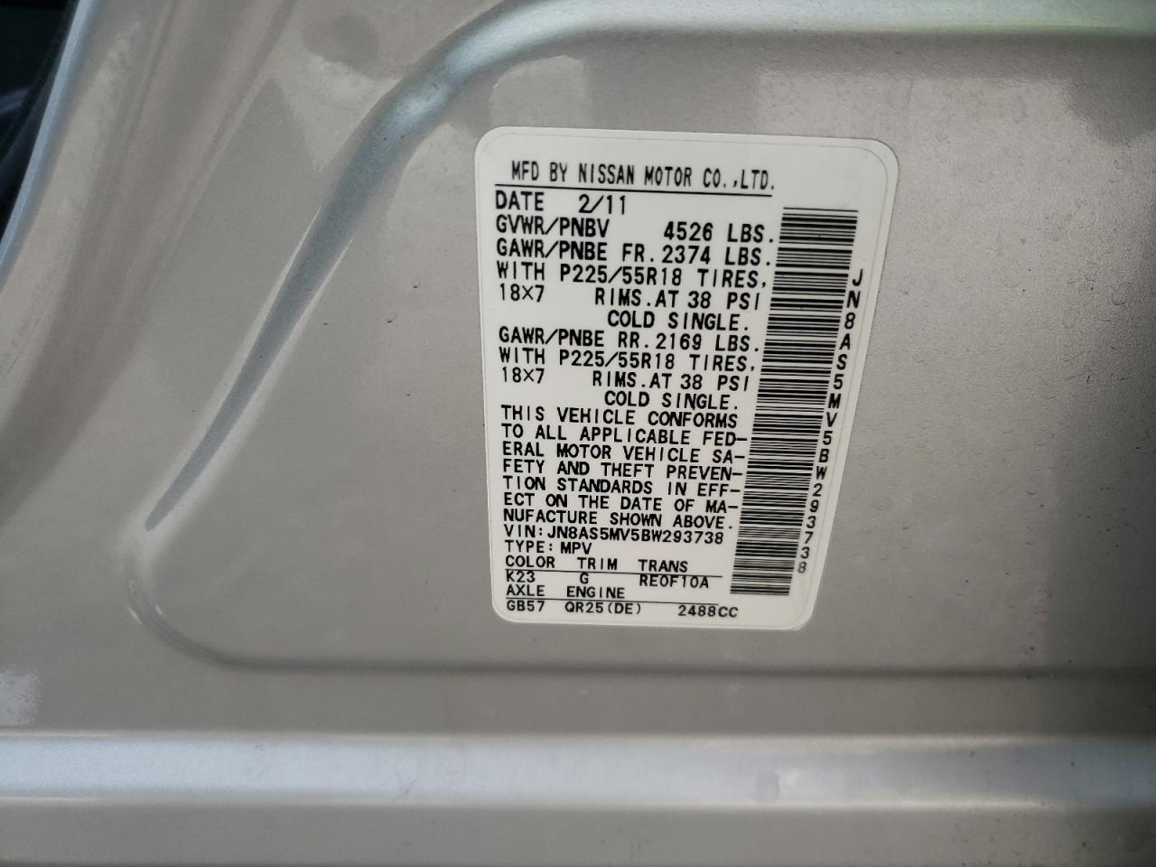 2011 Nissan Rogue S VIN: JN8AS5MV5BW293738 Lot: 93257185