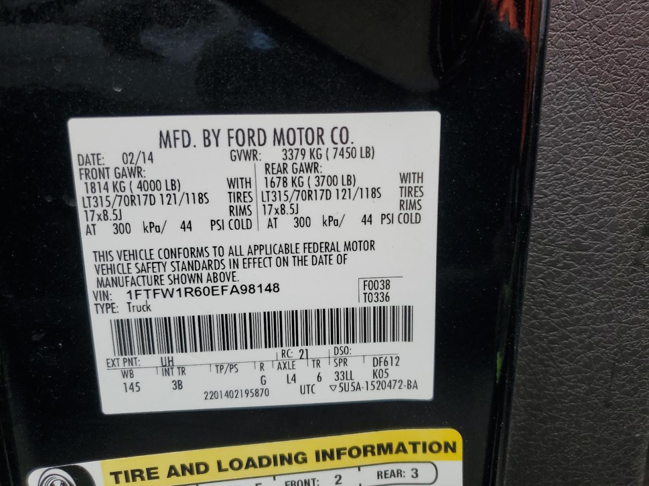 2014 Ford F150 Svt Raptor VIN: 1FTFW1R60EFA98148 Lot: 93057995