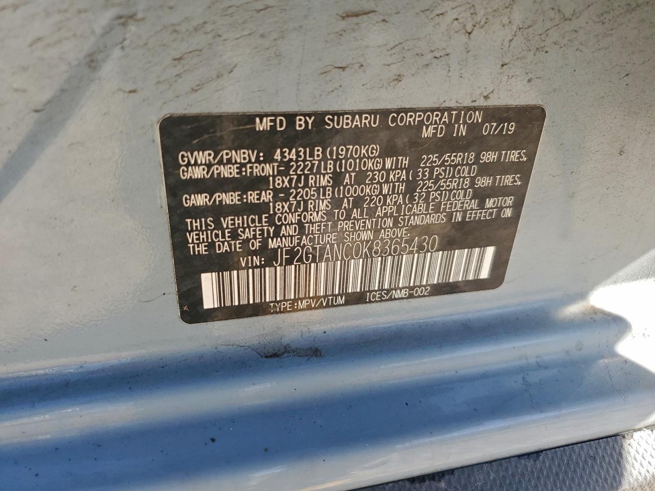 2019 Subaru Crosstrek Limited VIN: JF2GTANC0K8365430 Lot: 93347905