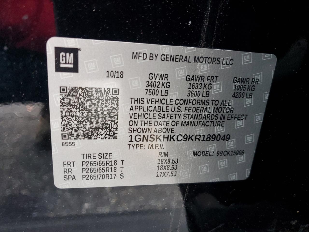 2019 Chevrolet Suburban K1500 Lt VIN: 1GNSKHKC9KR189049 Lot: 91936855