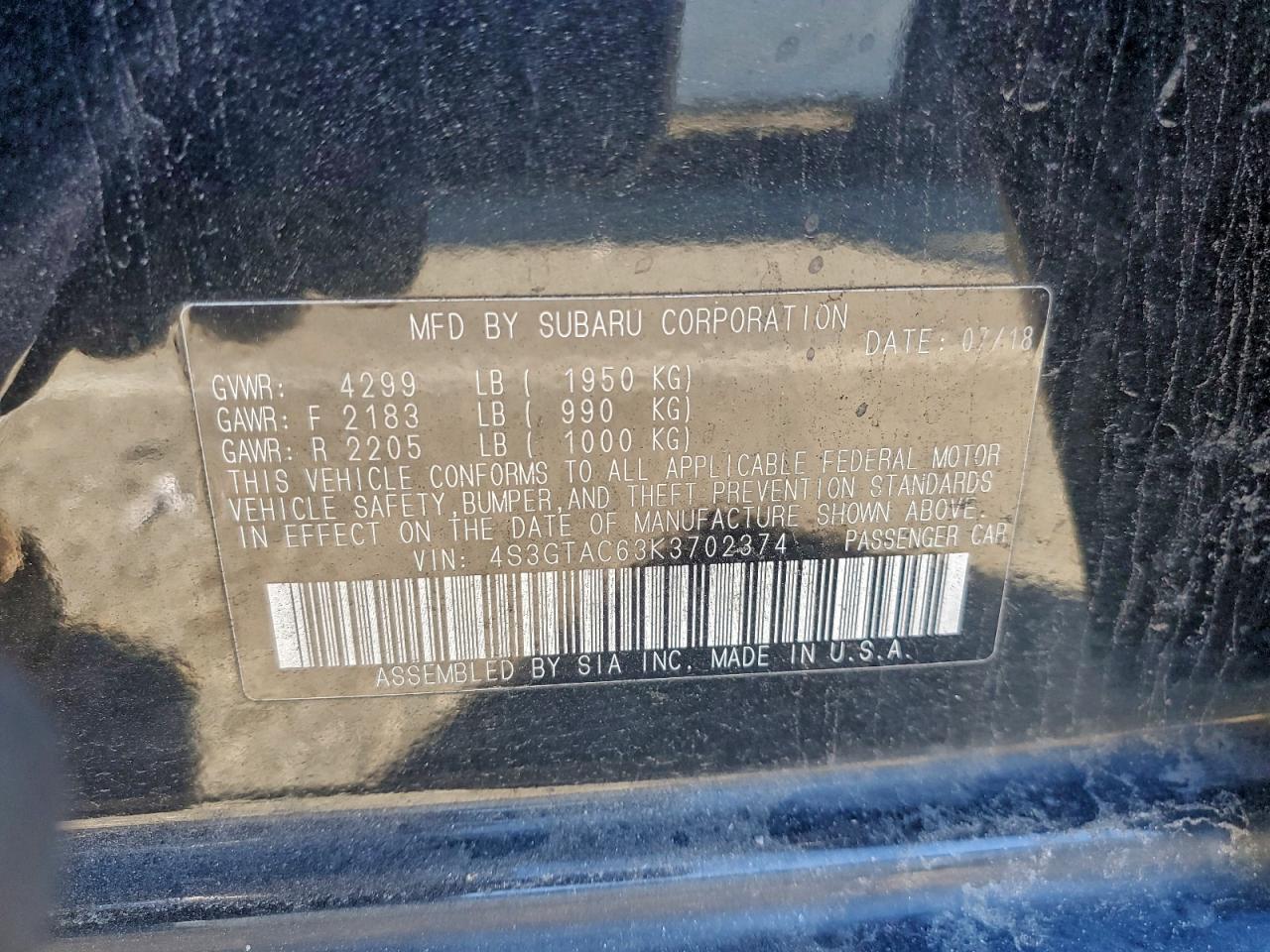 2019 Subaru Impreza Premium VIN: 4S3GTAC63K3702374 Lot: 93710825