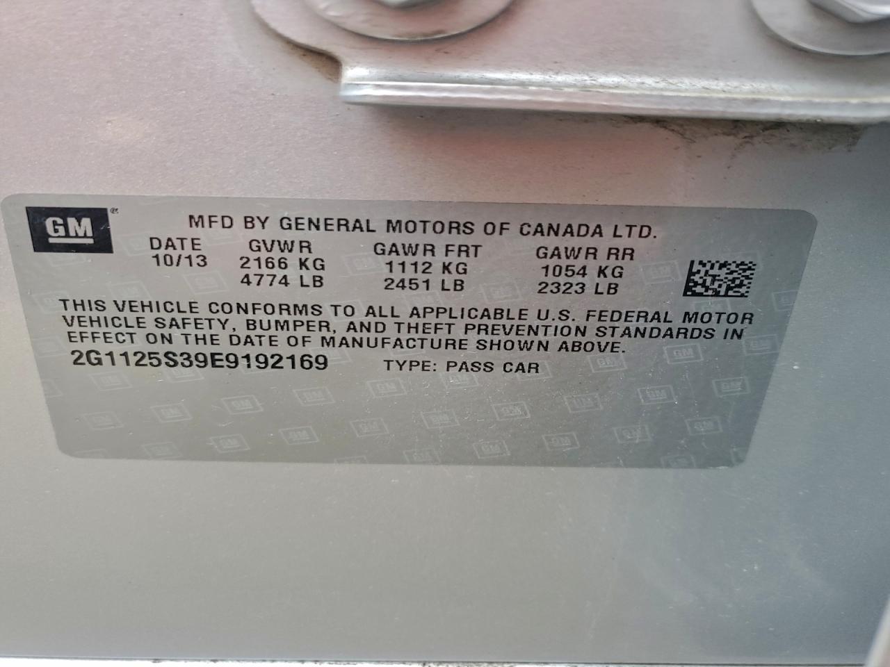 2014 Chevrolet Impala Lt VIN: 2G1125S39E9192169 Lot: 91571125