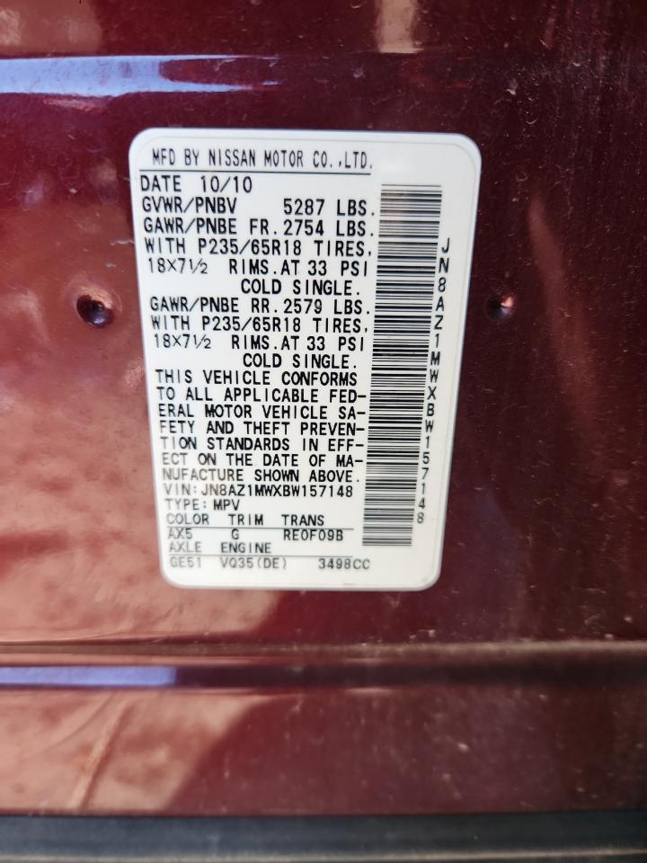 2011 Nissan Murano S VIN: JN8AZ1MWXBW157148 Lot: 93646735