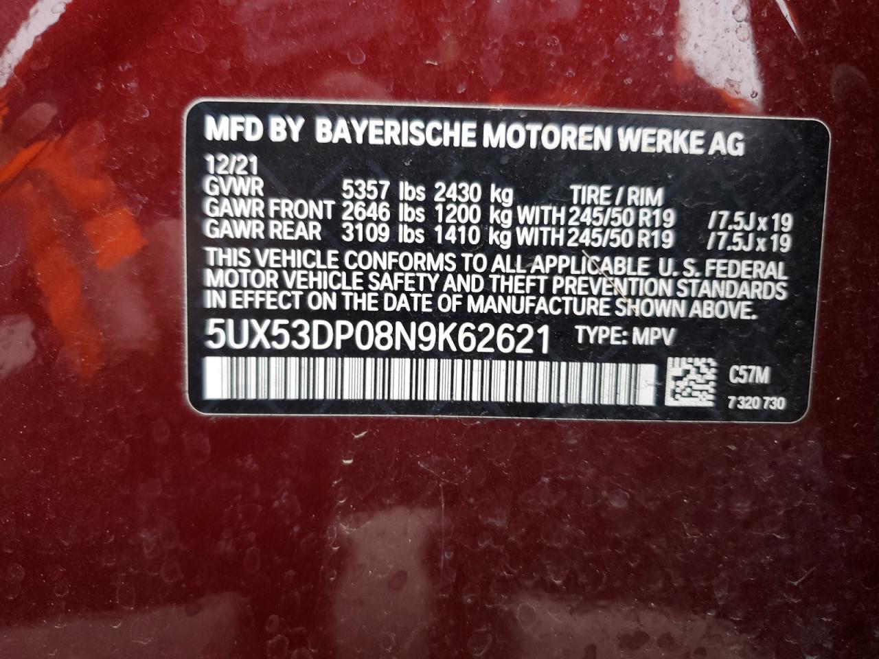 2022 BMW X3 xDrive30I VIN: 5UX53DP08N9K62621 Lot: 93204065