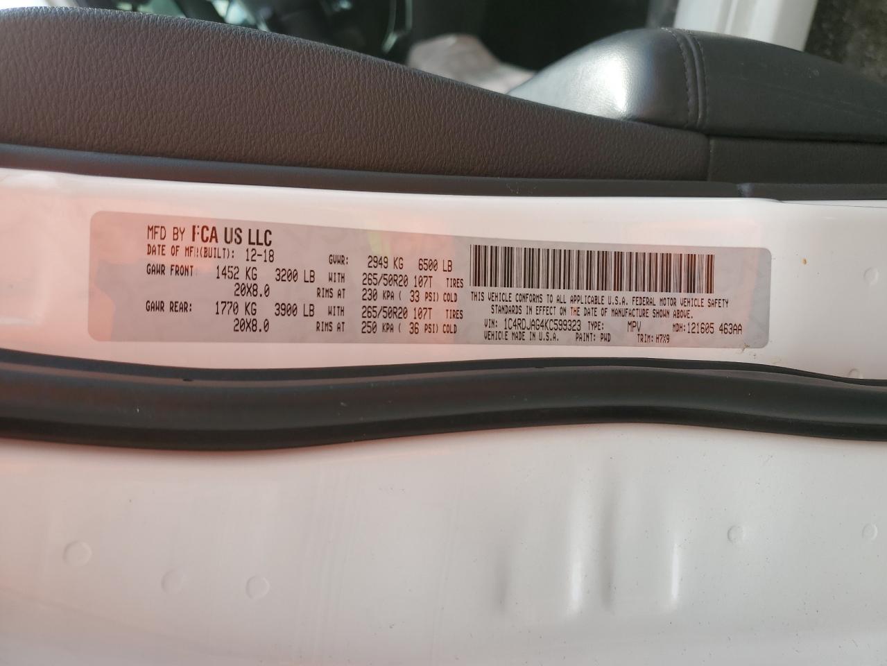 2019 Dodge Durango Sxt VIN: 1C4RDJAG4KC599323 Lot: 92330795