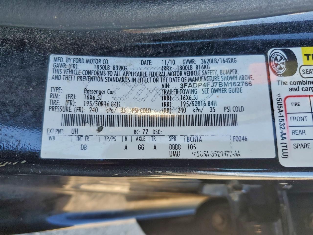 2011 Ford Fiesta Ses VIN: 3FADP4FJ7BM162766 Lot: 93985675