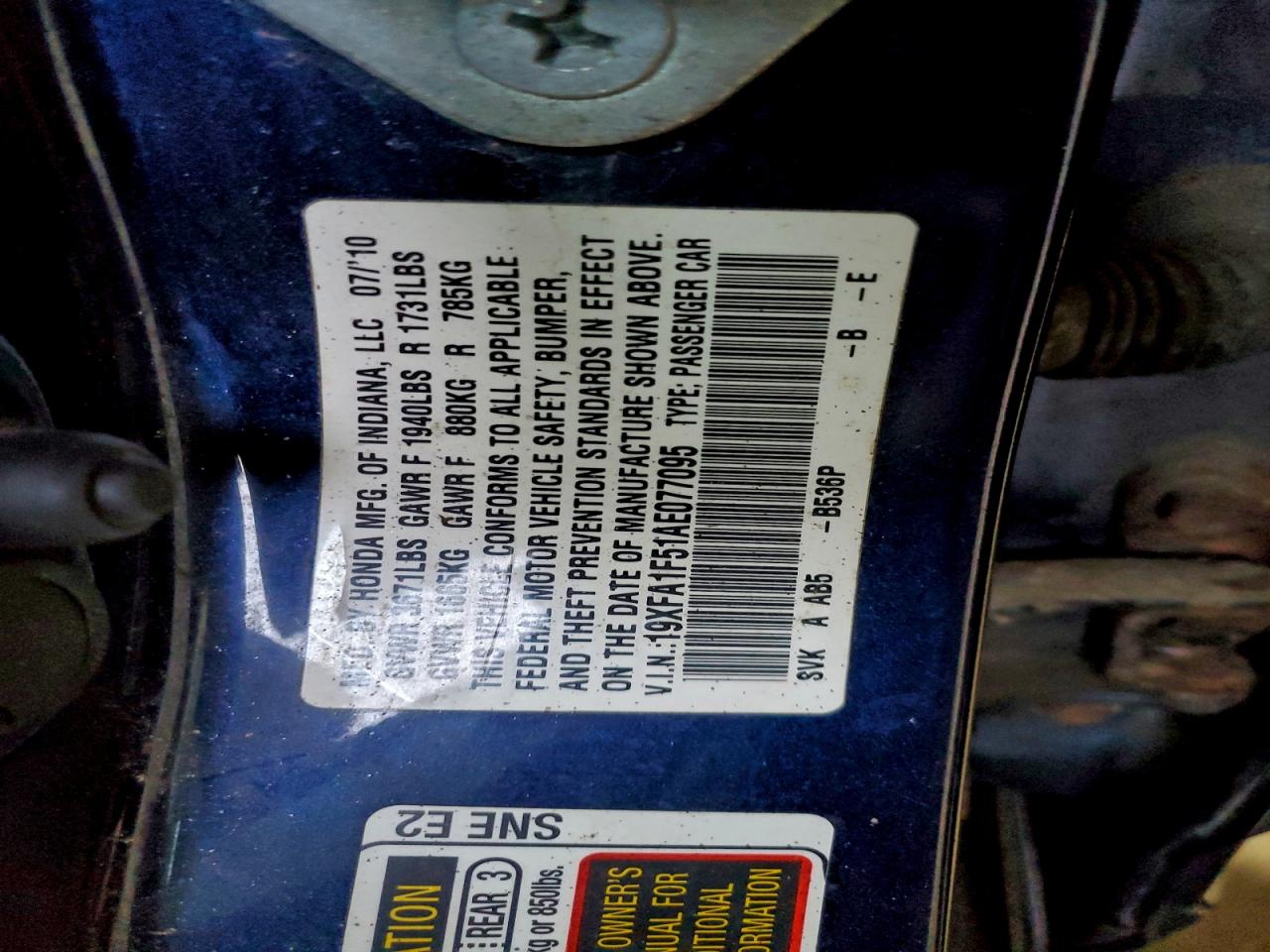 2010 Honda Civic Lx VIN: 19XFA1F51AE077095 Lot: 93222265