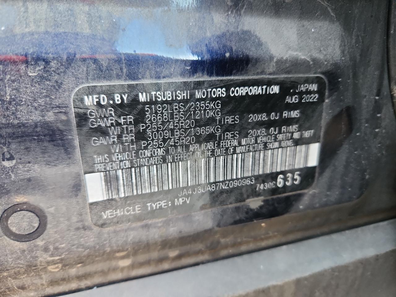 2022 Mitsubishi Outlander Se VIN: JA4J3UA87NZ090963 Lot: 92162115