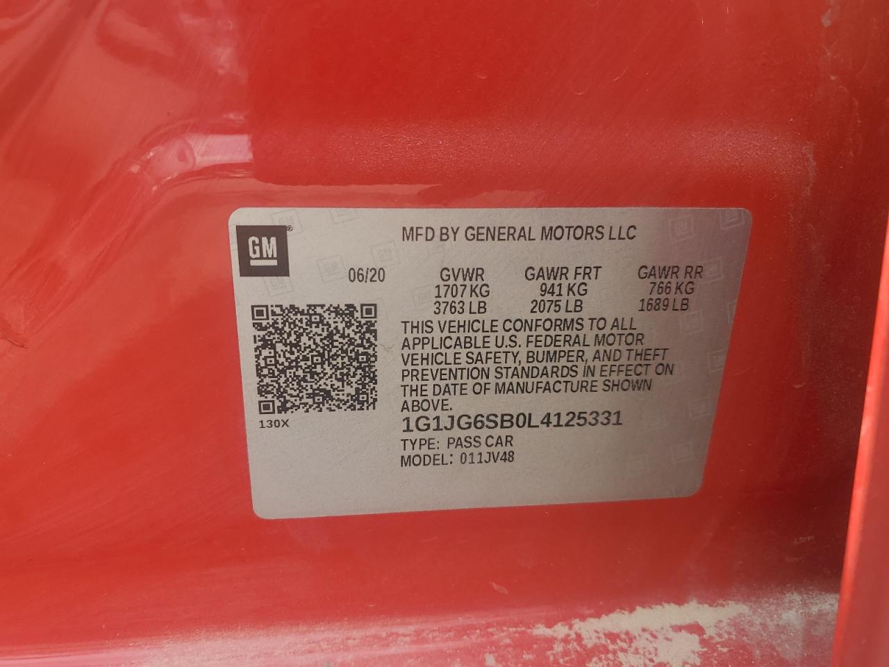 2020 Chevrolet Sonic VIN: 1G1JG6SB0L4125331 Lot: 93354225