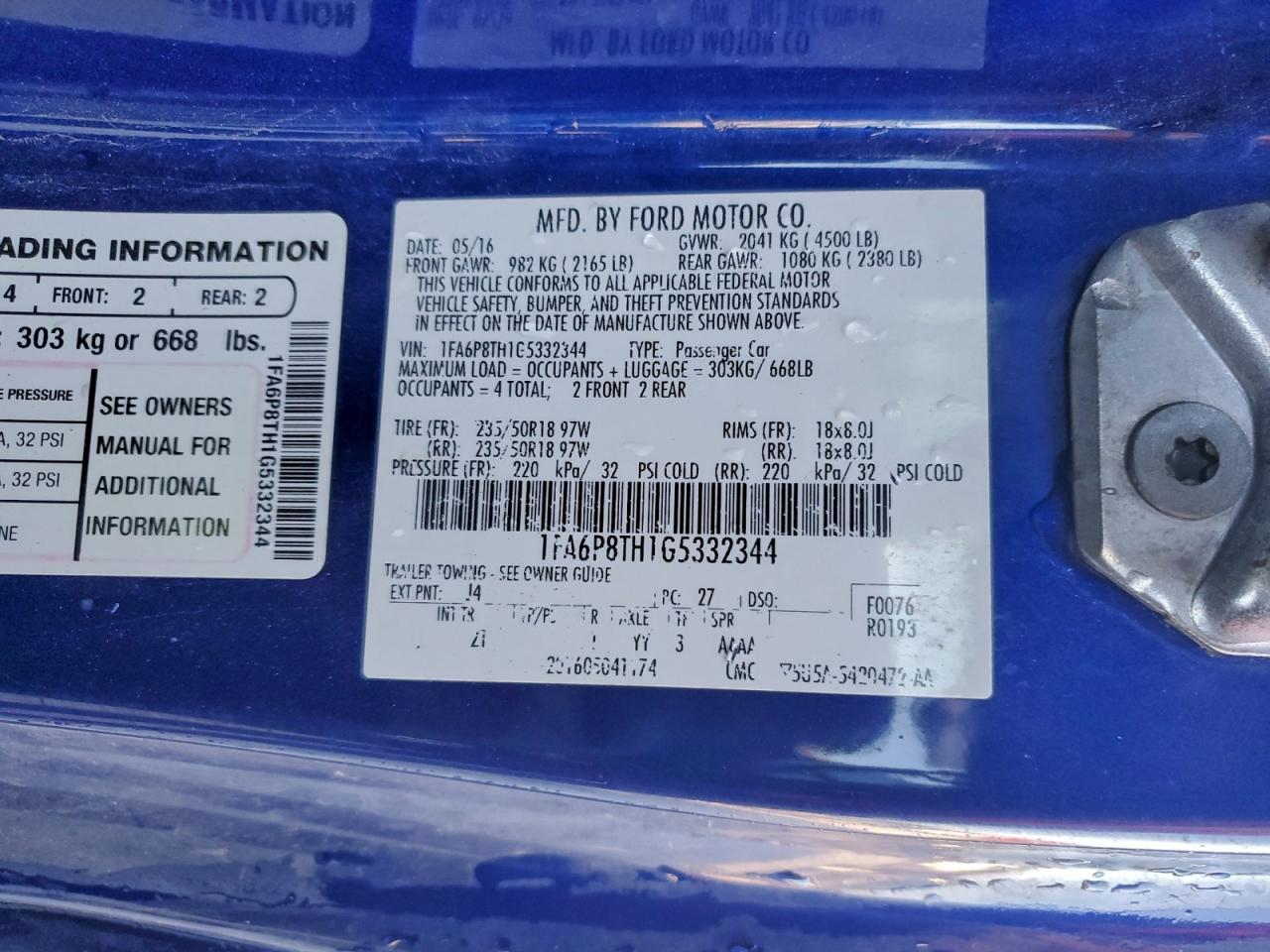 2016 Ford Mustang VIN: 1FA6P8TH1G5332344 Lot: 94150005