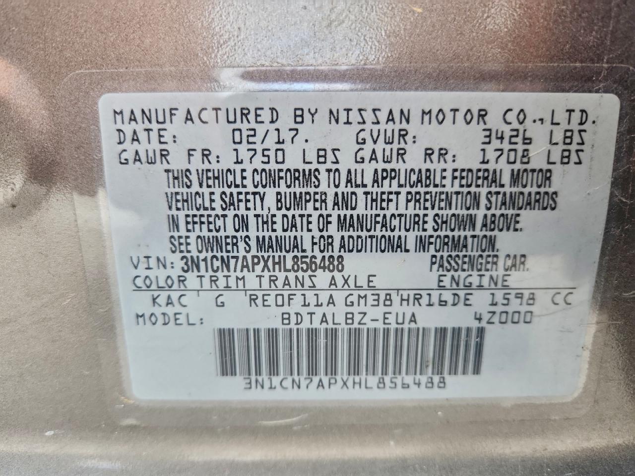 2017 Nissan Versa S VIN: 3N1CN7APXHL856488 Lot: 94356095