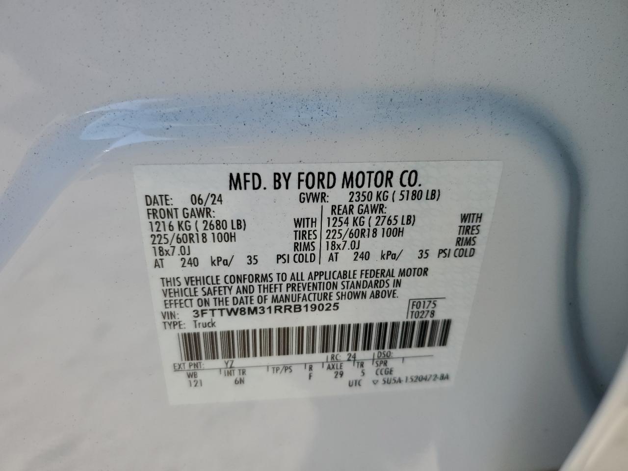 2024 Ford Maverick Lariat VIN: 3FTTW8M31RRB19025 Lot: 93195735