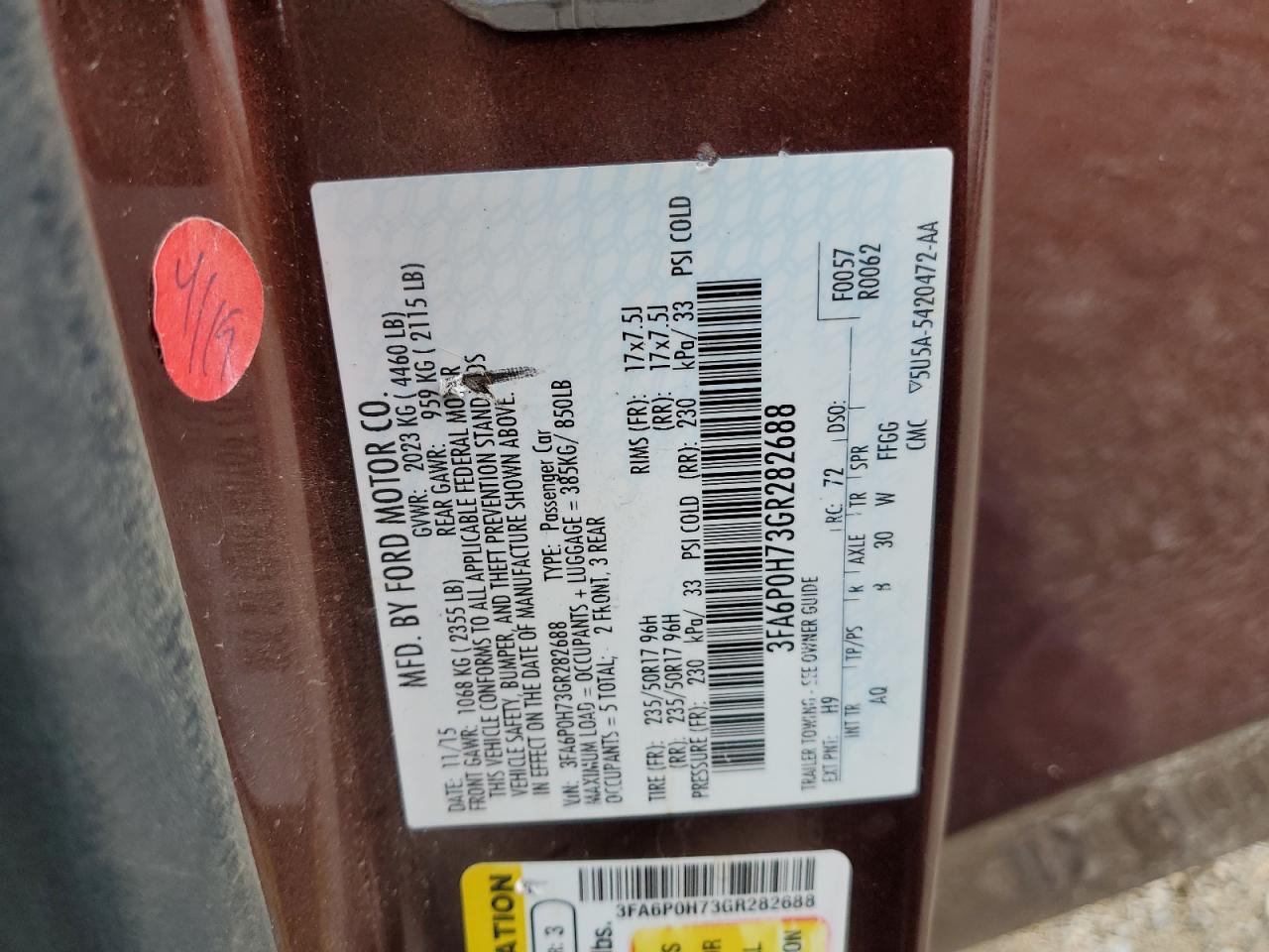 2016 Ford Fusion Se VIN: 3FA6P0H73GR282688 Lot: 91691985