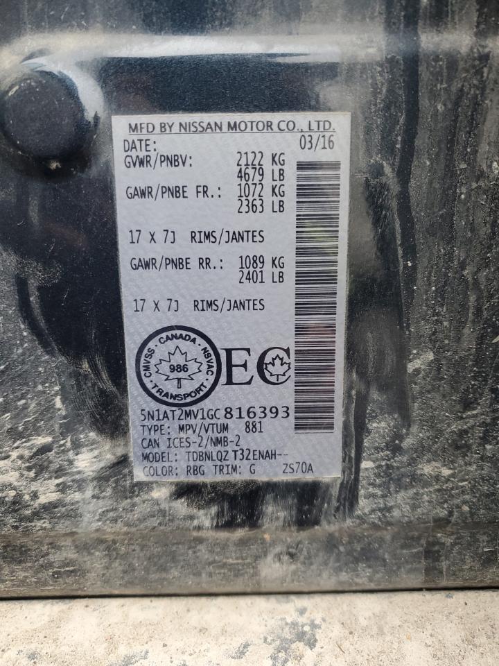 2016 Nissan Rogue S VIN: 5N1AT2MV1GC816393 Lot: 92589325