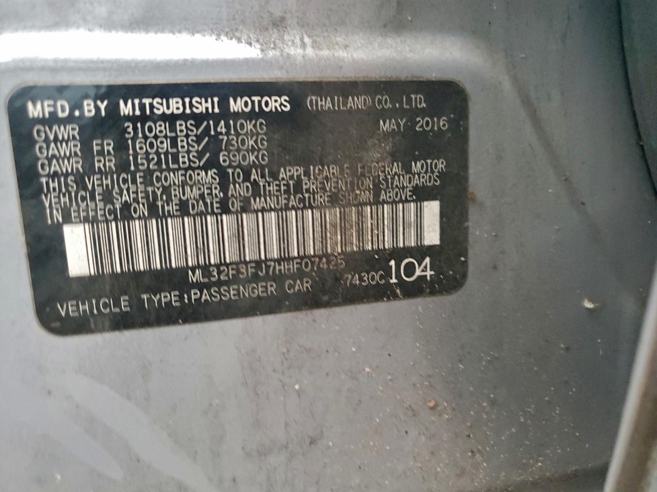 2017 Mitsubishi Mirage G4 Es VIN: ML32F3FJ7HHF07425 Lot: 94591095