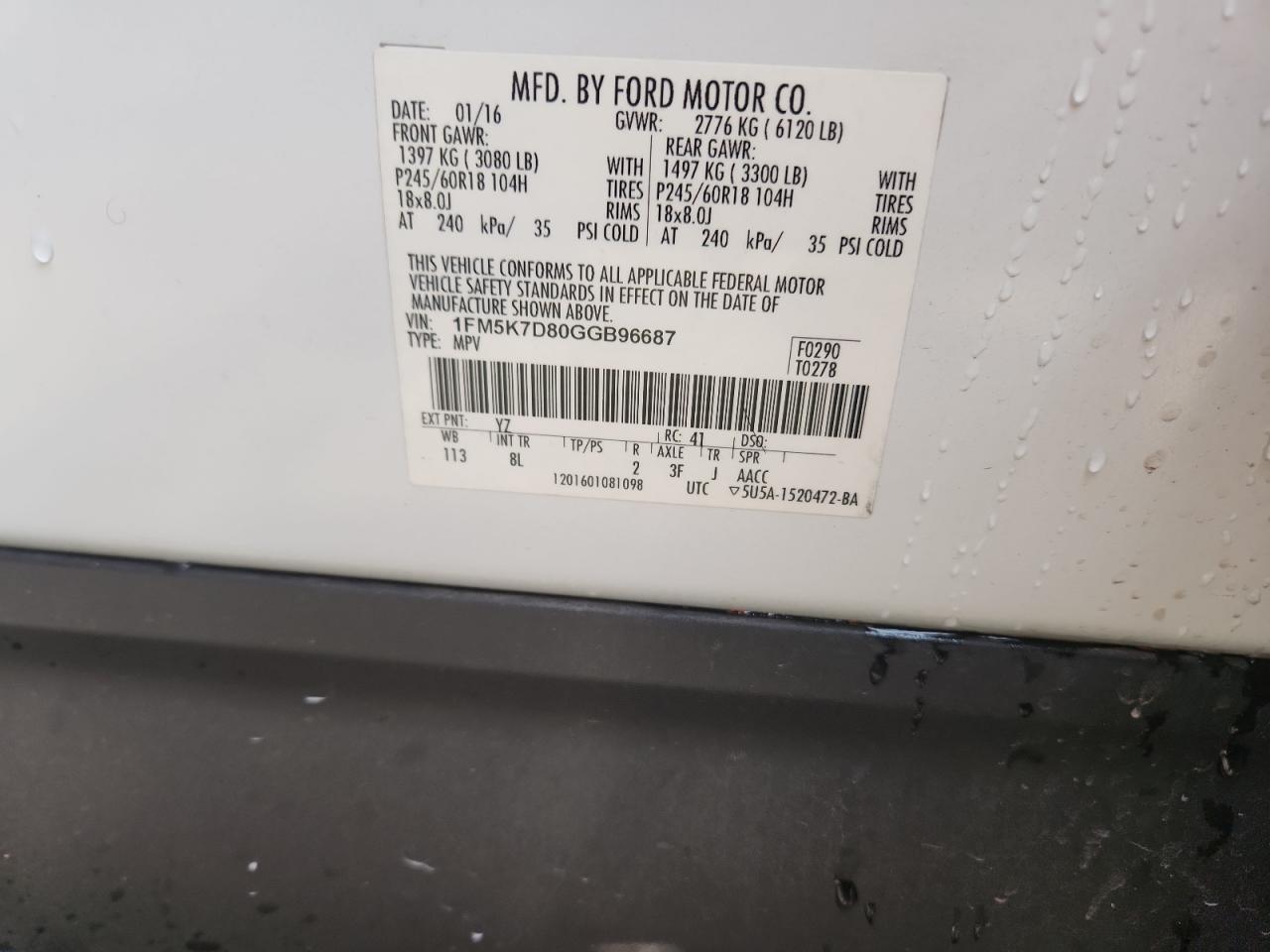 2016 Ford Explorer Xlt VIN: 1FM5K7D80GGB96687 Lot: 93013545