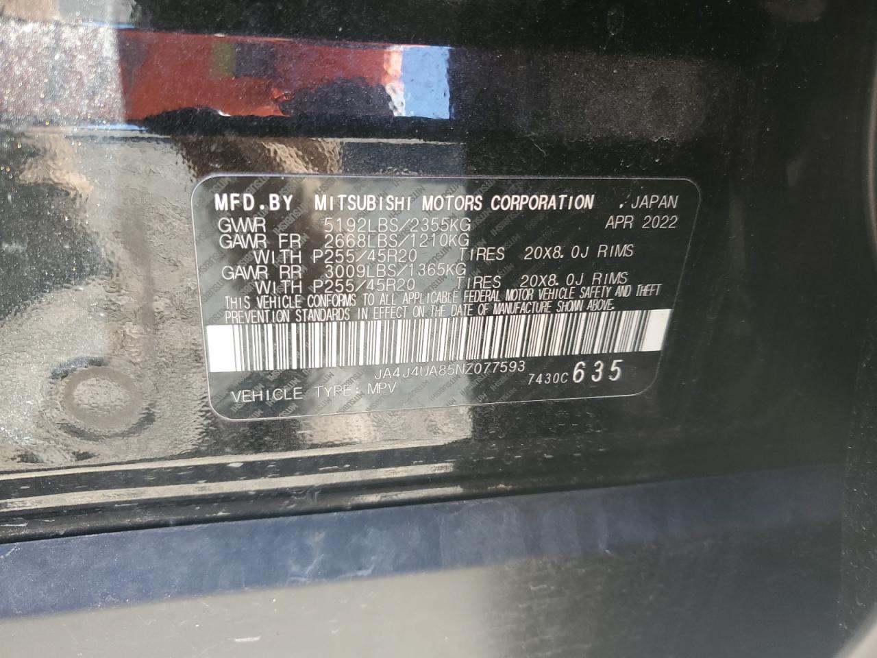 2022 Mitsubishi Outlander Se VIN: JA4J4UA85NZ077593 Lot: 91980135