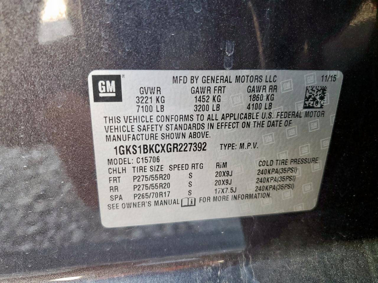2016 GMC Yukon Slt VIN: 1GKS1BKCXGR227392 Lot: 91138915