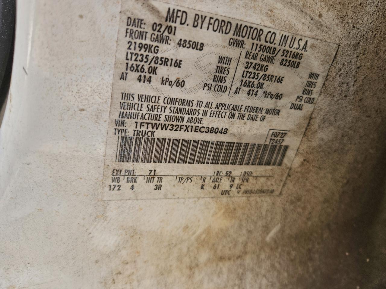 2001 Ford F350 Super Duty VIN: 1FTWW32FX1EC38048 Lot: 93839575