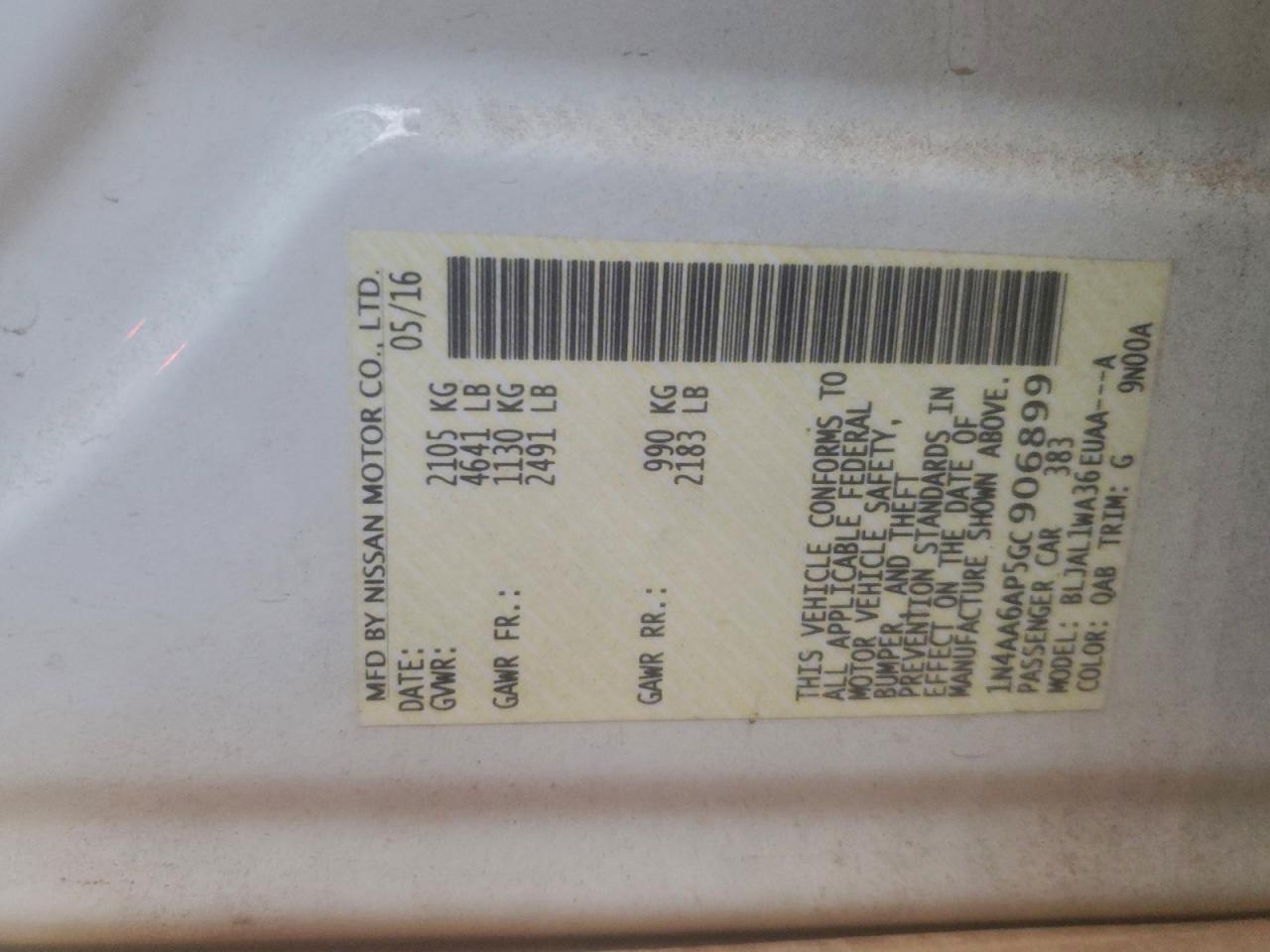 2016 Nissan Maxima 3.5S VIN: 1N4AA6AP5GC906899 Lot: 94546745