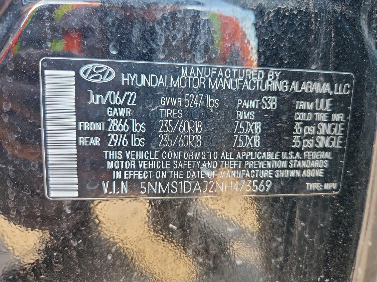 2022 Hyundai Santa Fe Se VIN: 5NMS1DAJ2NH473569 Lot: 94057925