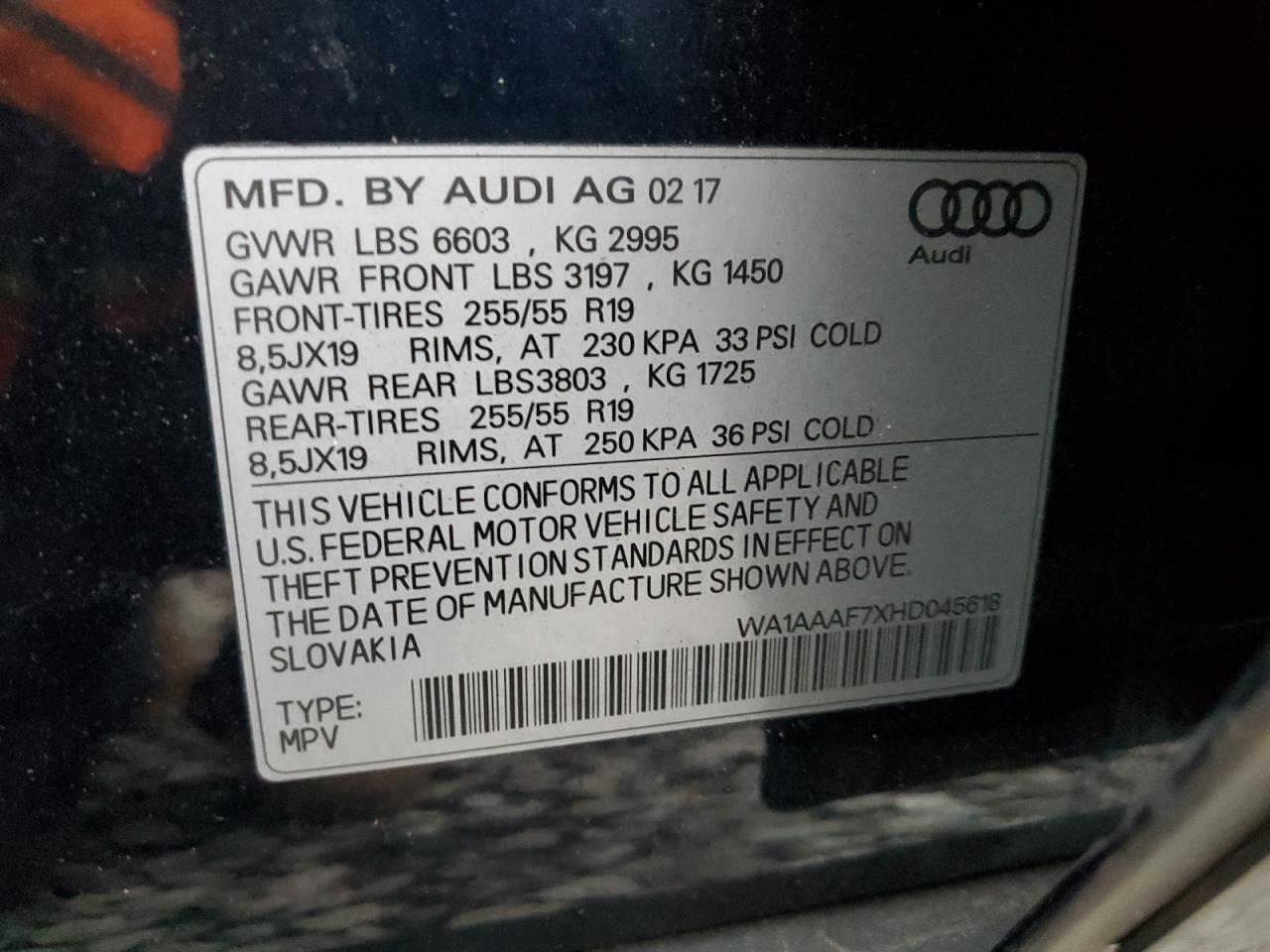 2017 Audi Q7 Premium VIN: WA1AAAF7XHD045618 Lot: 93312355