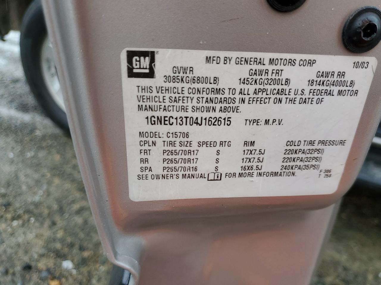 2004 Chevrolet Tahoe C1500 VIN: 1GNEC13T04J162615 Lot: 92864035