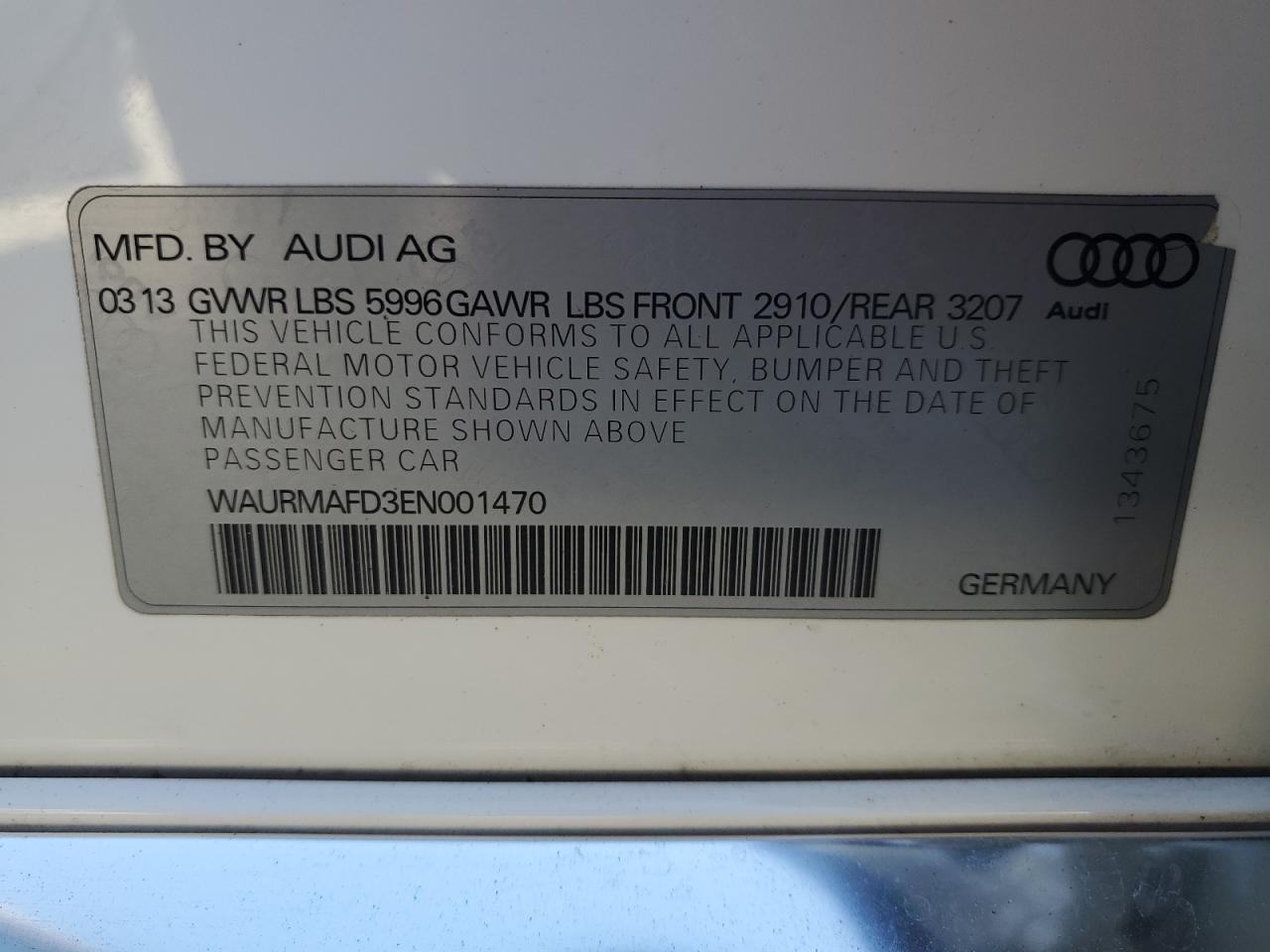 2014 Audi A8 L Tdi Quattro VIN: WAURMAFD3EN001470 Lot: 91427865