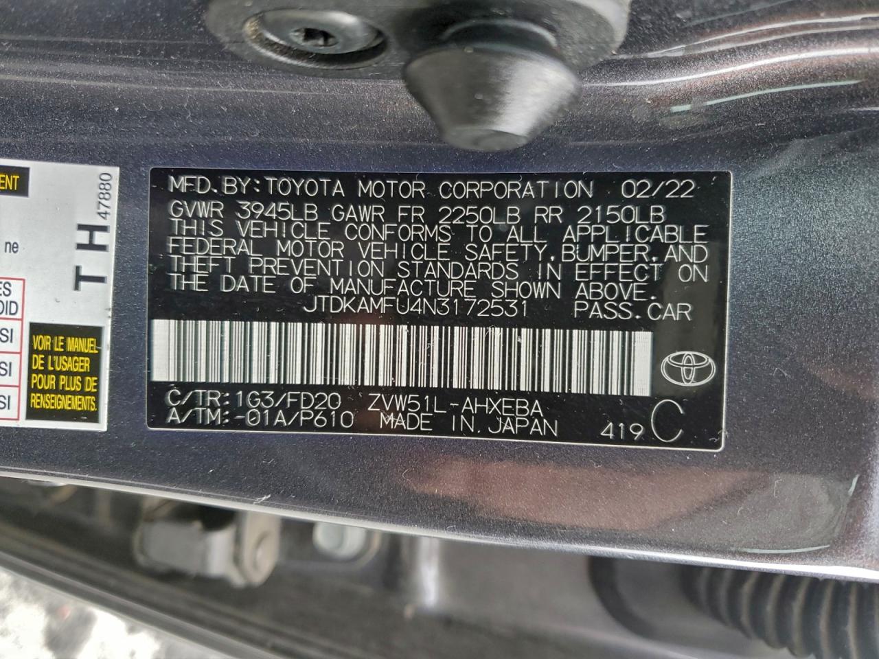 2022 Toyota Prius Night Shade VIN: JTDKAMFU4N3172531 Lot: 93974895