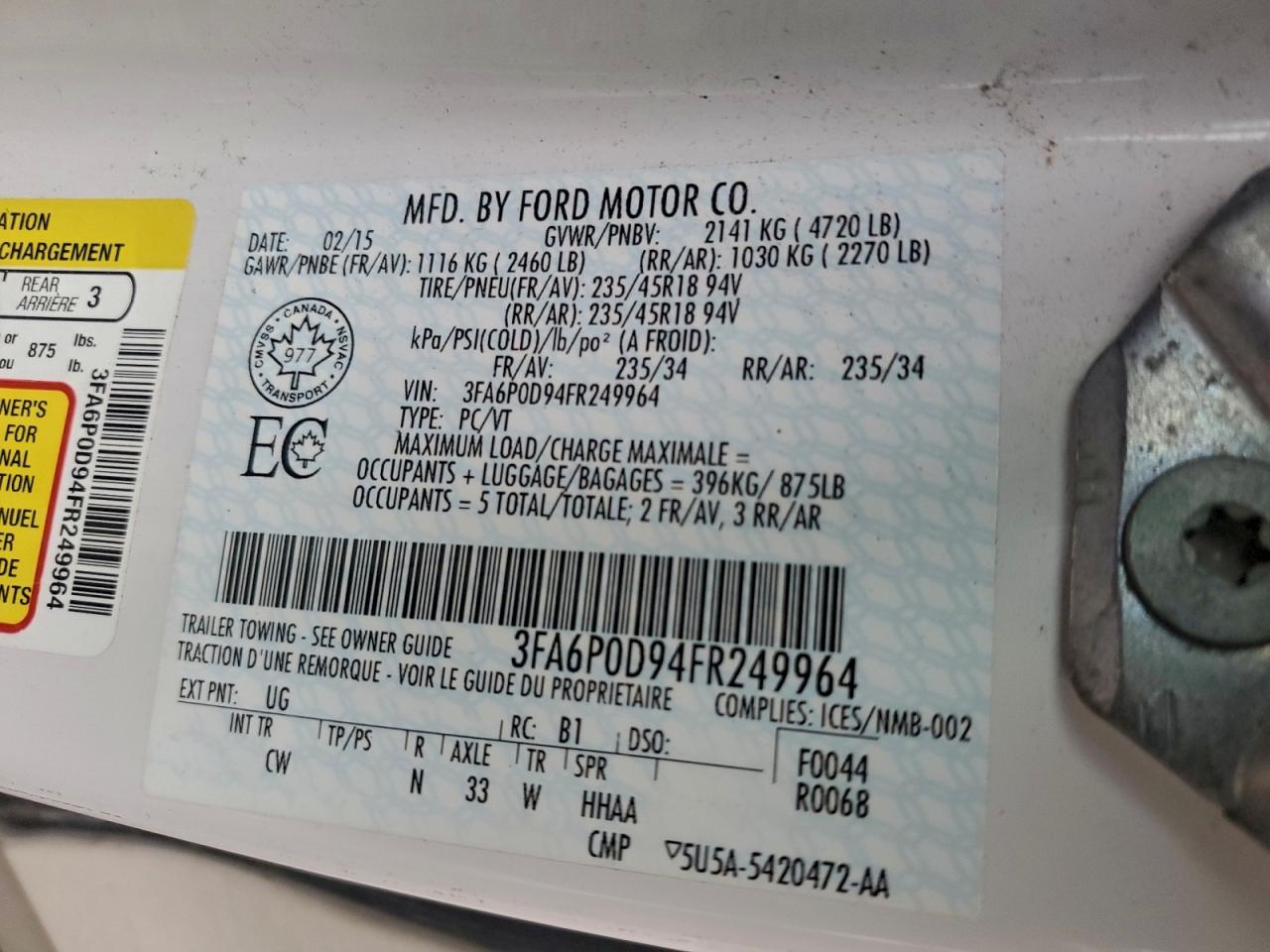 2015 Ford Fusion Titanium VIN: 3FA6P0D94FR249964 Lot: 93747115