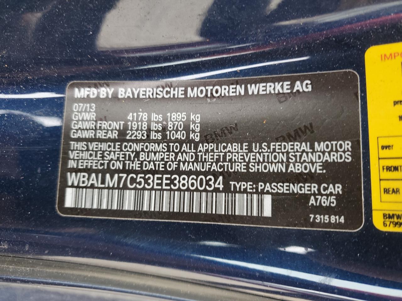 2014 BMW Z4 Sdrive35I VIN: WBALM7C53EE386034 Lot: 92556475