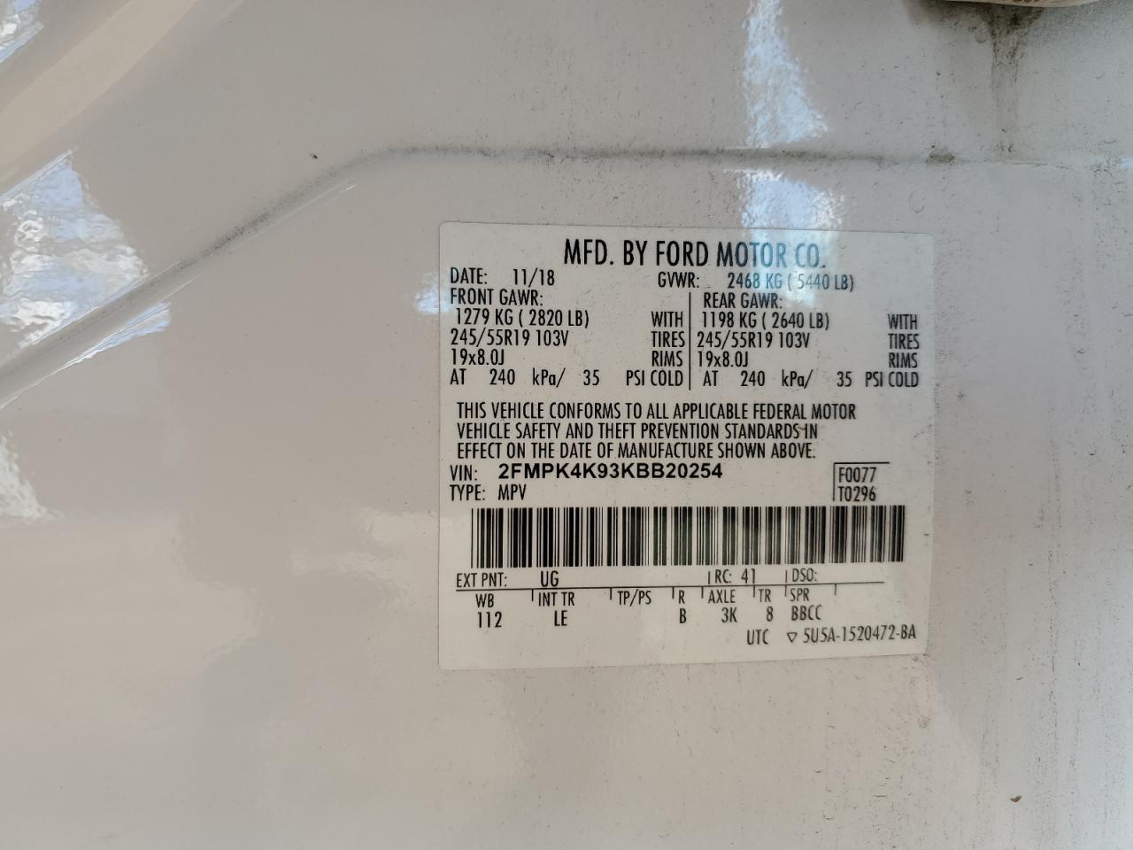 2019 Ford Edge Titanium VIN: 2FMPK4K93KBB20254 Lot: 94116855