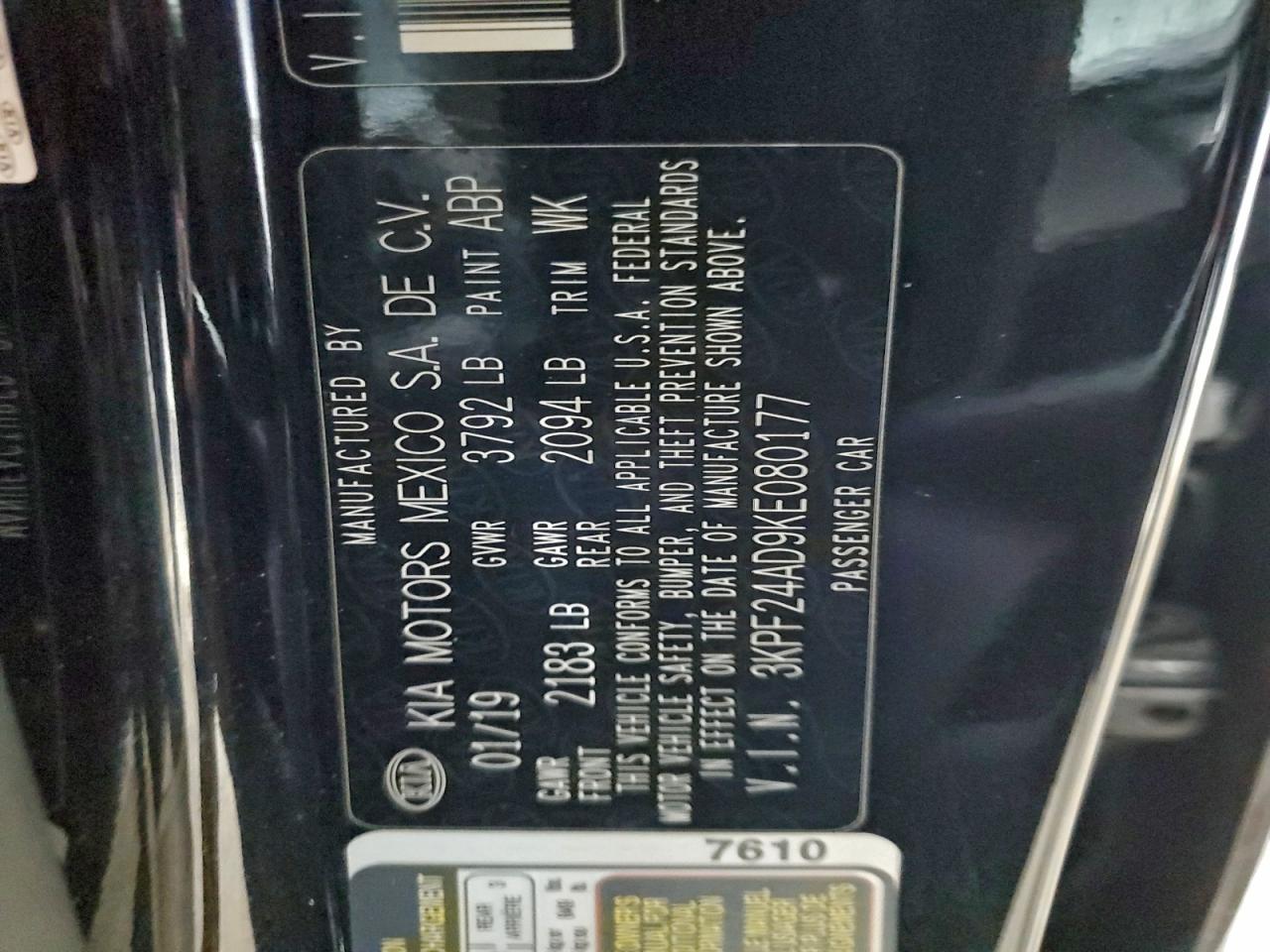 2019 Kia Forte Fe VIN: 3KPF24AD9KE080177 Lot: 93637975