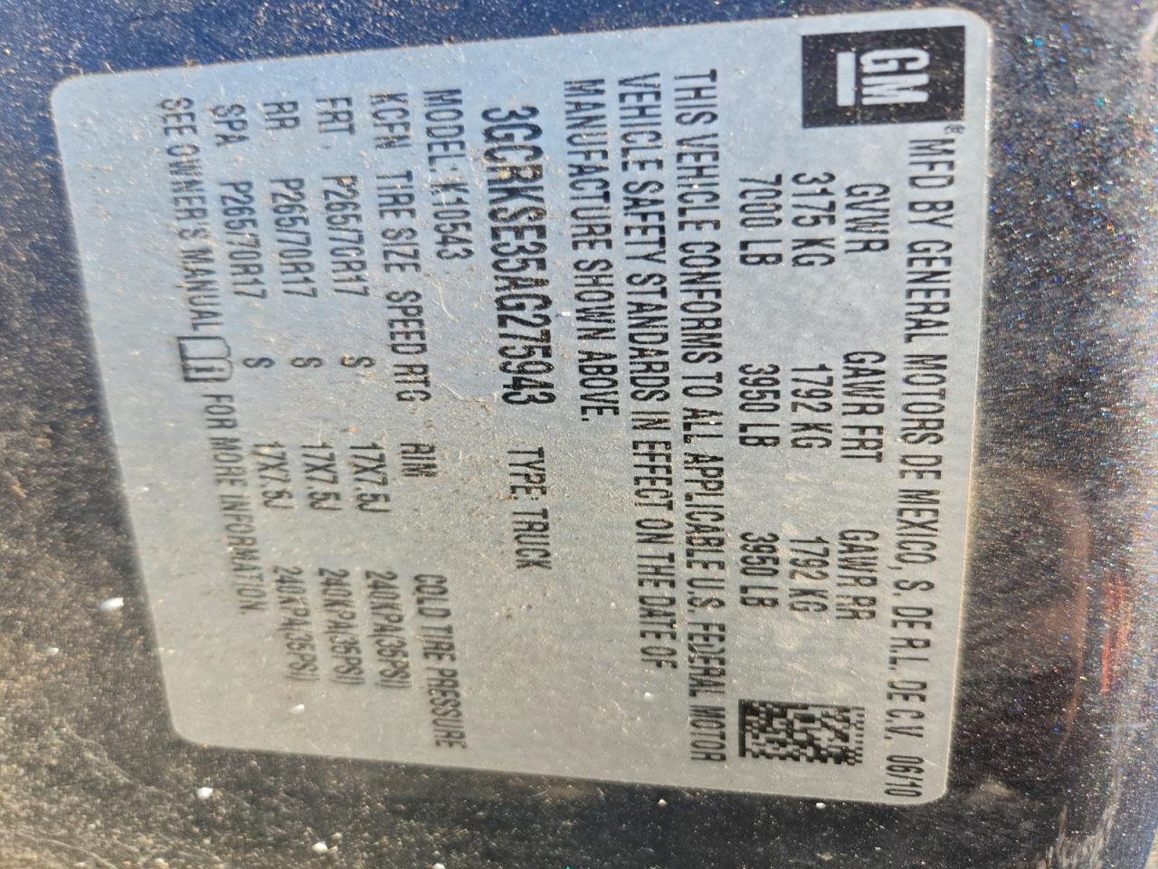 2010 Chevrolet Silverado K1500 Lt VIN: 3GCRKSE35AG275943 Lot: 92909625