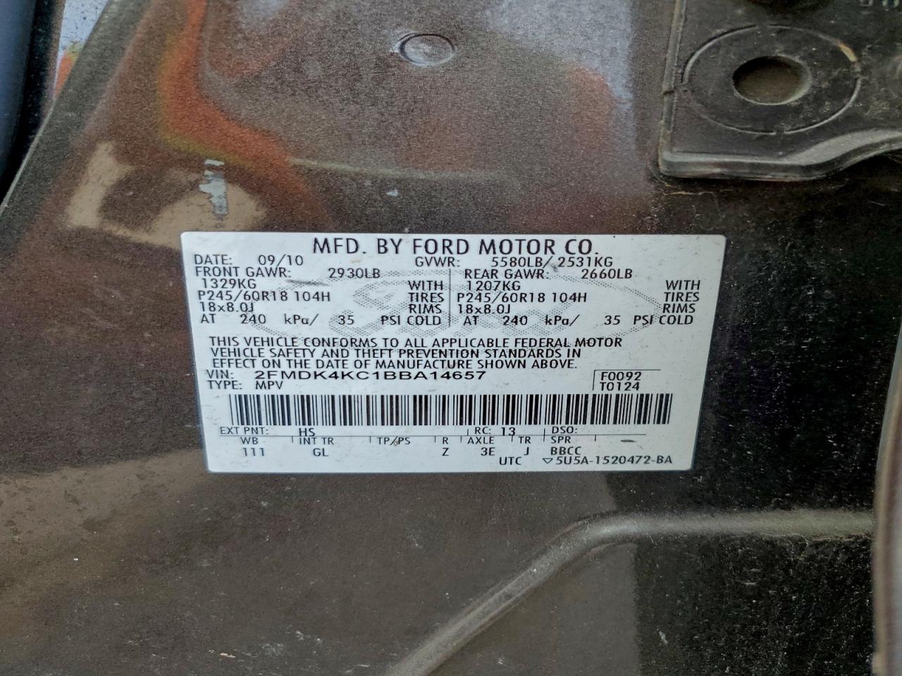 2011 Ford Edge Limited VIN: 2FMDK4KC1BBA14657 Lot: 93921605