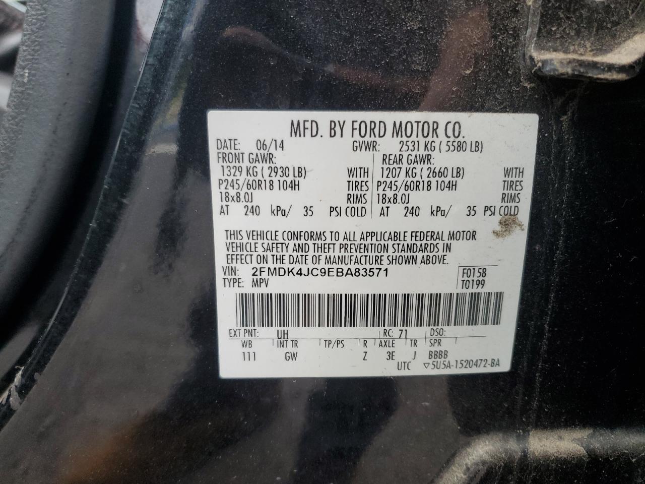 2014 Ford Edge Sel VIN: 2FMDK4JC9EBA83571 Lot: 91474205