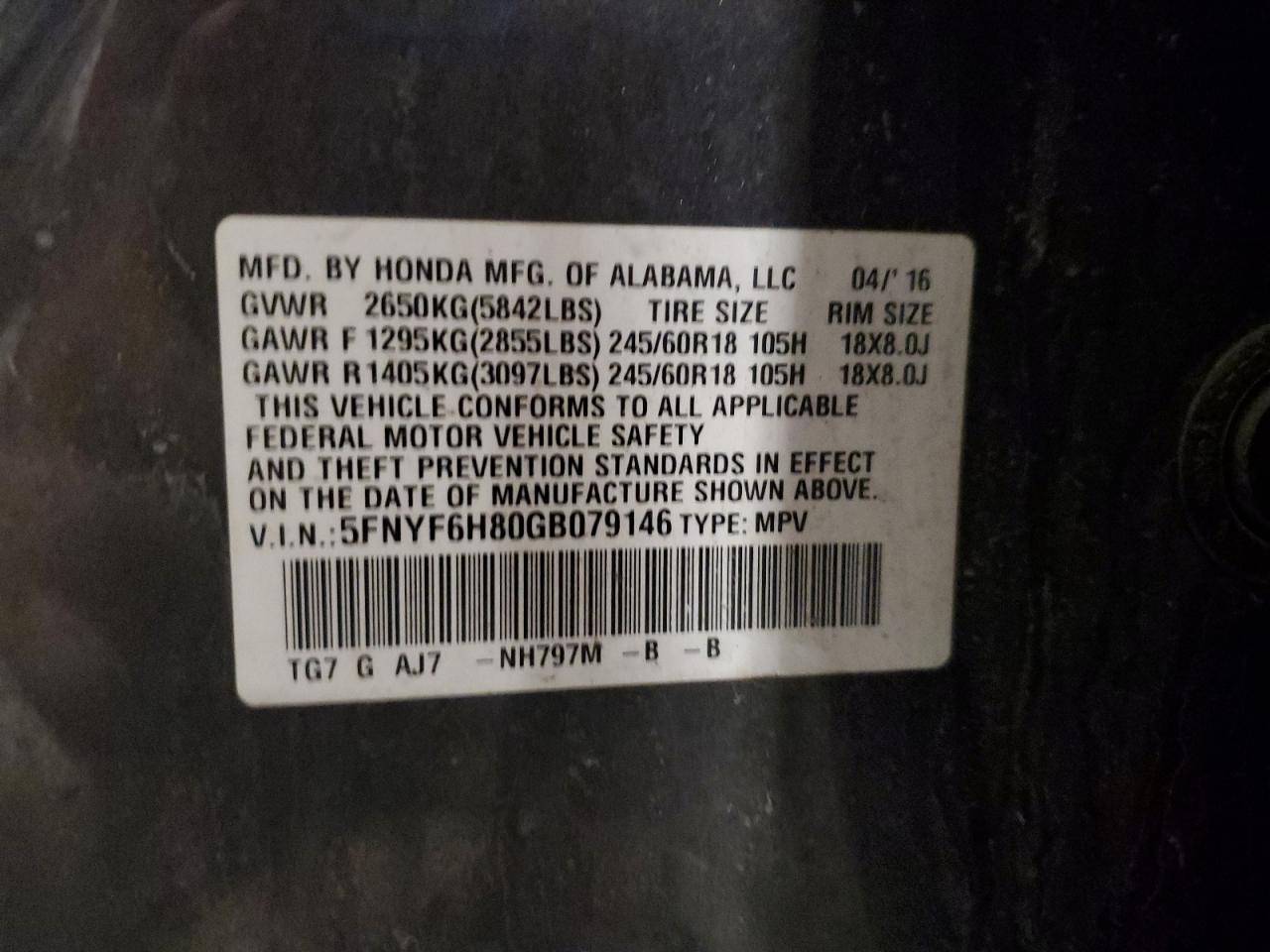 2016 Honda Pilot Exl VIN: 5FNYF6H80GB079146 Lot: 92645375