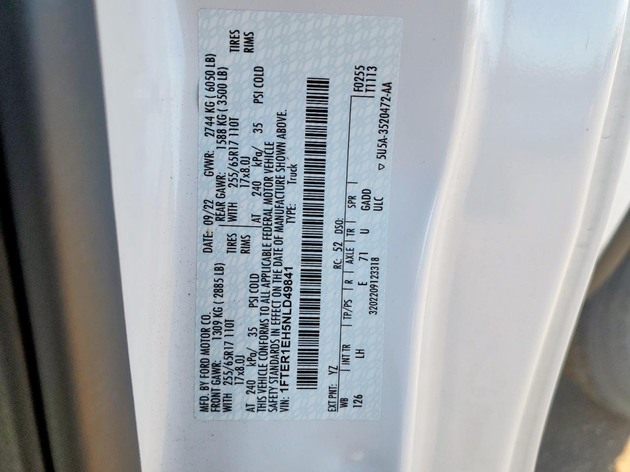 2022 Ford Ranger Xl VIN: 1FTER1EH5NLD49841 Lot: 91476205