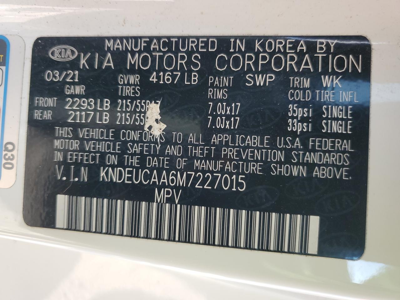 2021 Kia Seltos S VIN: KNDEUCAA6M7227015 Lot: 92116375