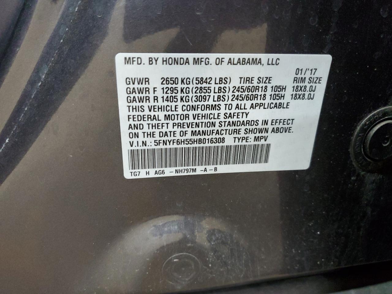 2017 Honda Pilot Exl VIN: 5FNYF6H55HB016308 Lot: 92990635