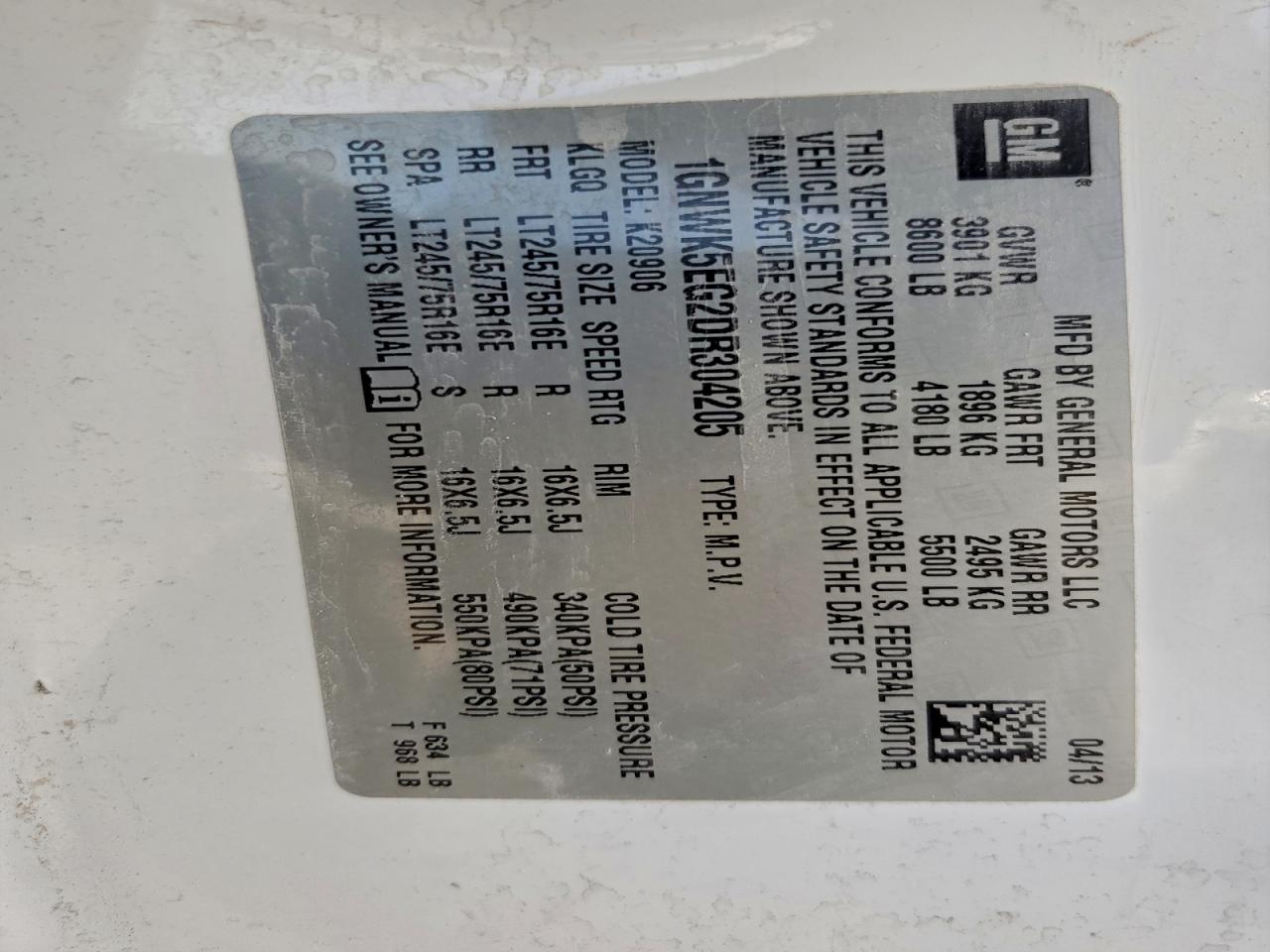 2013 Chevrolet Suburban K2500 VIN: 1GNWK5EG2DR304205 Lot: 94219295