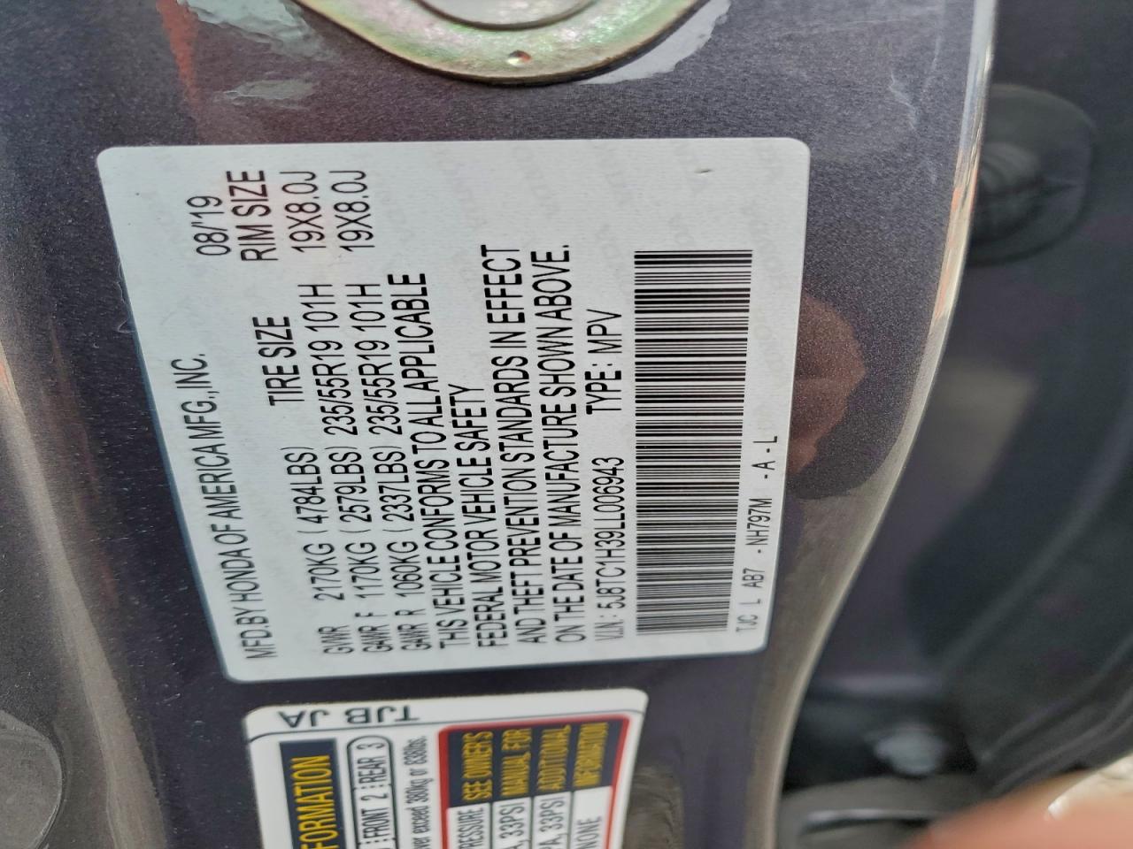 2020 Acura Rdx VIN: 5J8TC1H39LL006943 Lot: 93592125