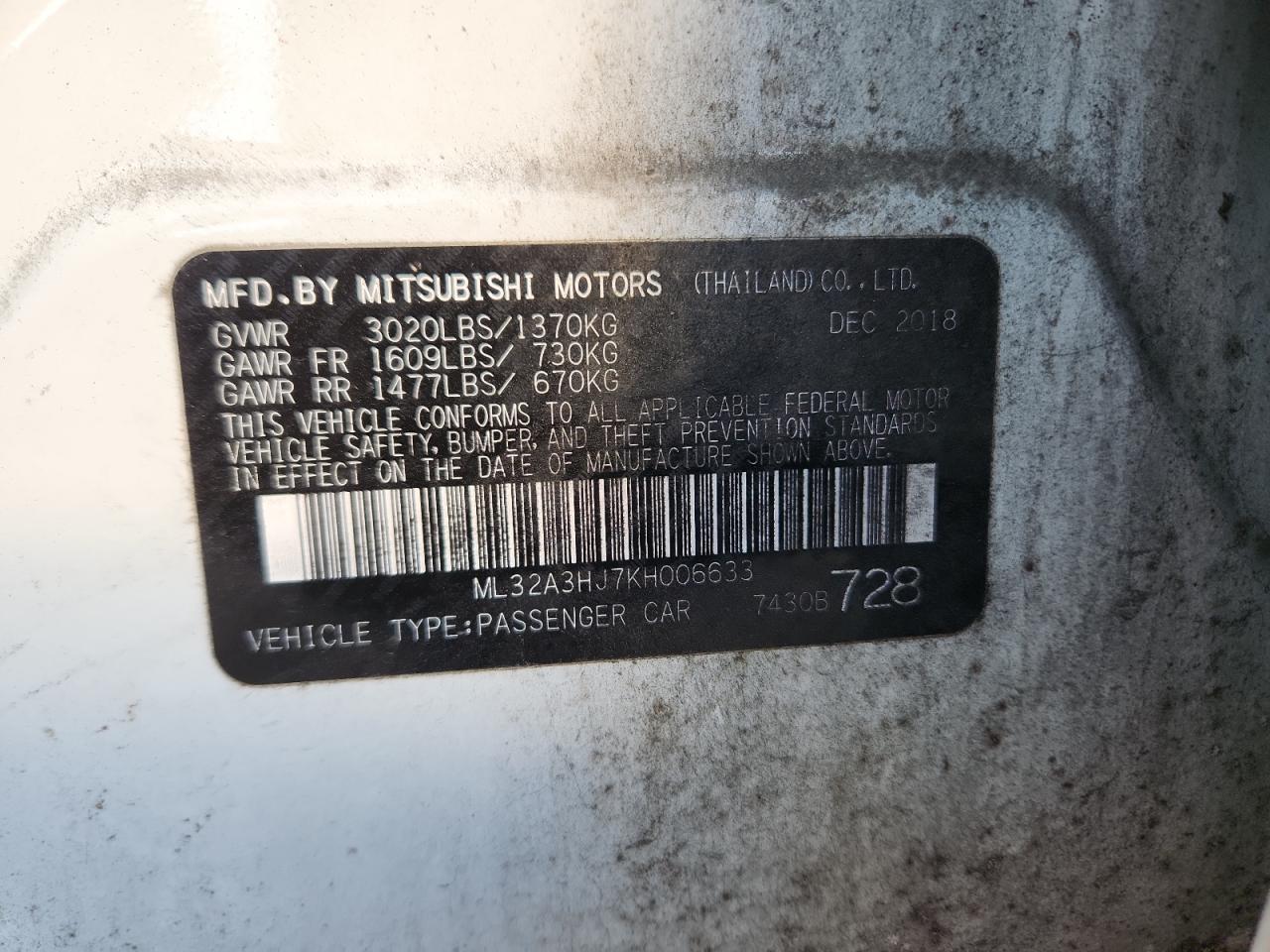 2019 Mitsubishi Mirage Es VIN: ML32A3HJ7KH006633 Lot: 93000085