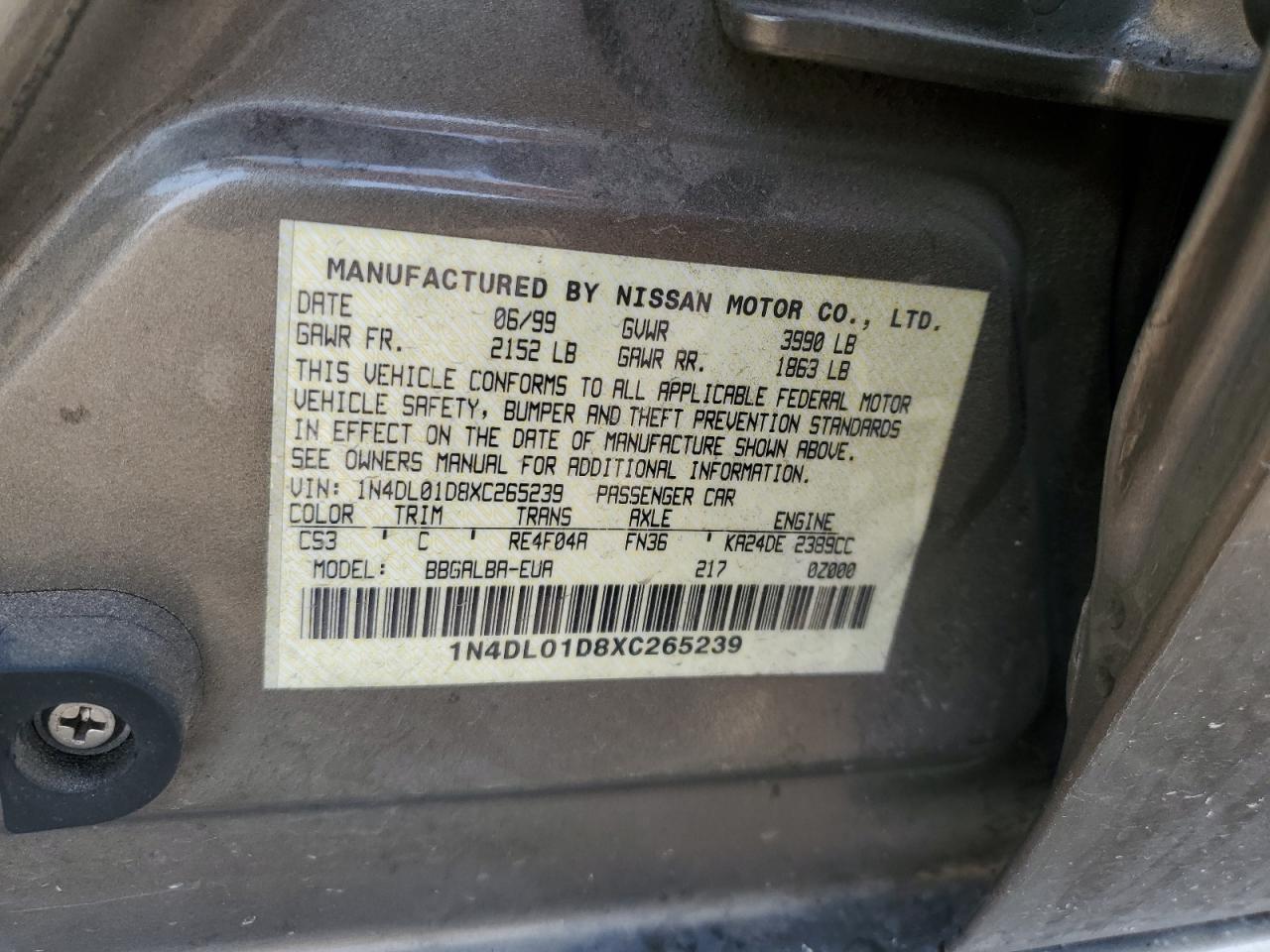 1999 Nissan Altima Xe VIN: 1N4DL01D8XC265239 Lot: 91684465