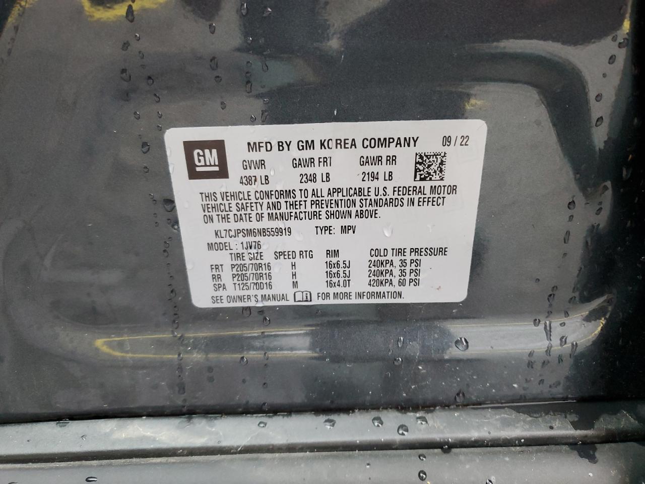 2022 Chevrolet Trax 1Lt VIN: KL7CJPSM6NB559919 Lot: 91494625